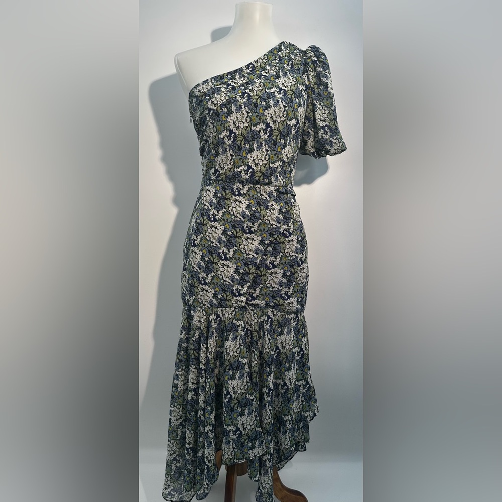 ASTR The Label Santorini XS One Shoulder Floral Midi Dress Blue Green Puff - Picture 8 of 11